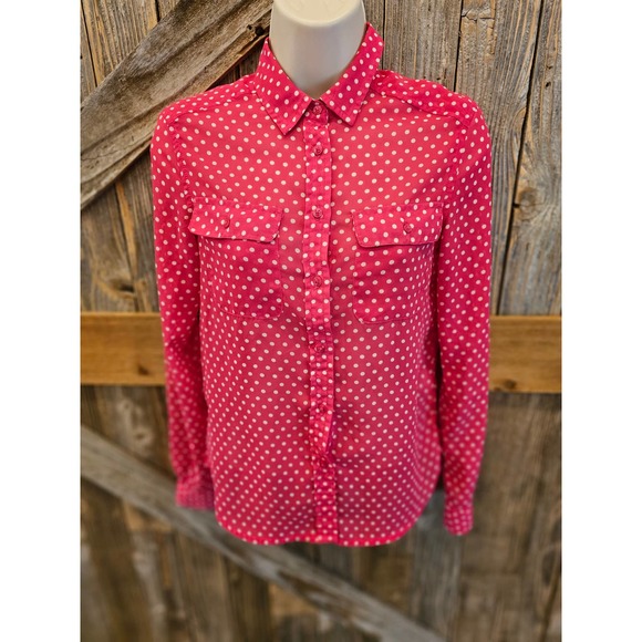 Pink and white polka dot long sleeve sheer button up size XXS ^ EUC - Picture 2 of 8